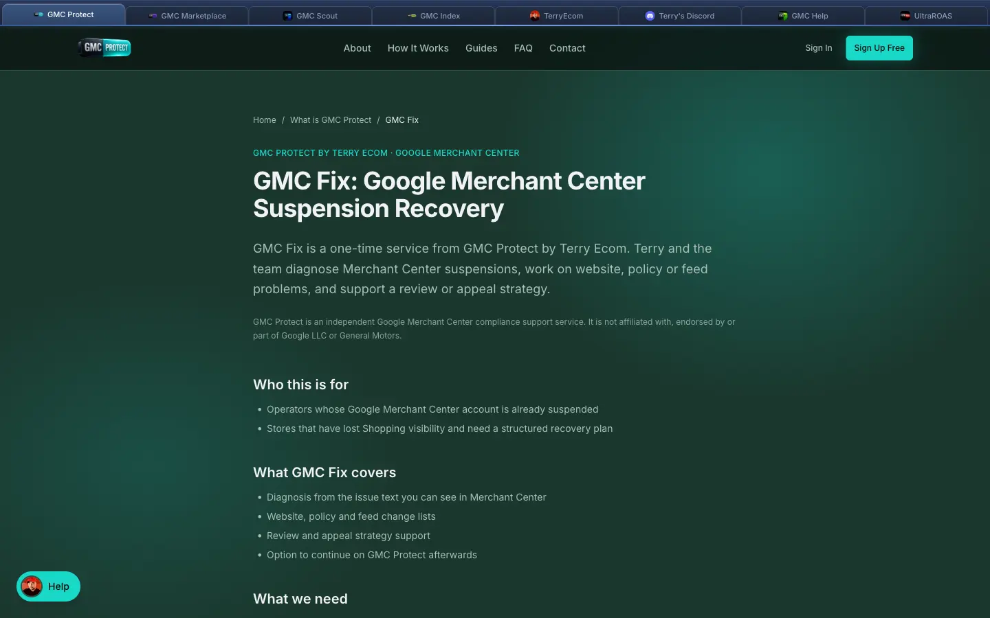 Screenshot van de officiële pagina van GMC Protect
