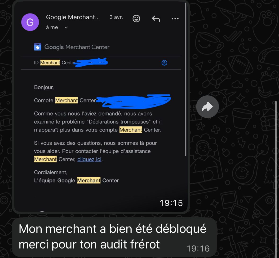 WhatsApp-screenshot - Merchant Center-account succesvol gedeblokkeerd