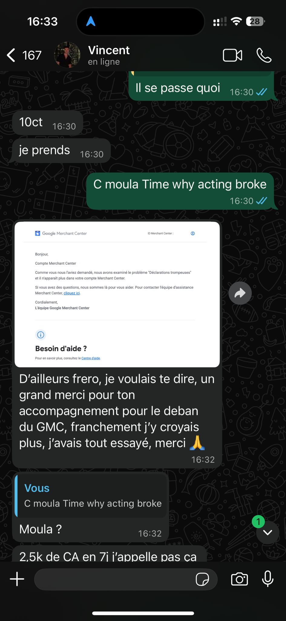 WhatsApp-screenshot - Tevreden klant na GMC-deblokkering
