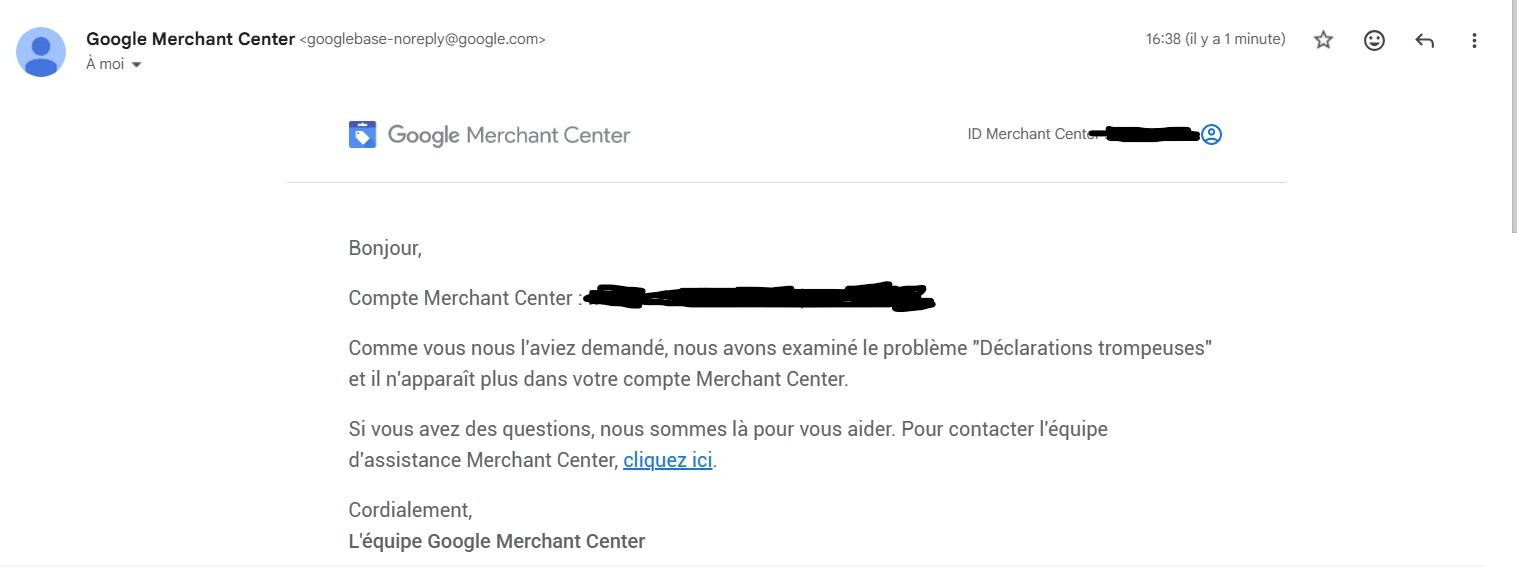 E-mail van Google Merchant Center die bevestigt dat het misleidingsprobleem niet meer wordt weergegeven
