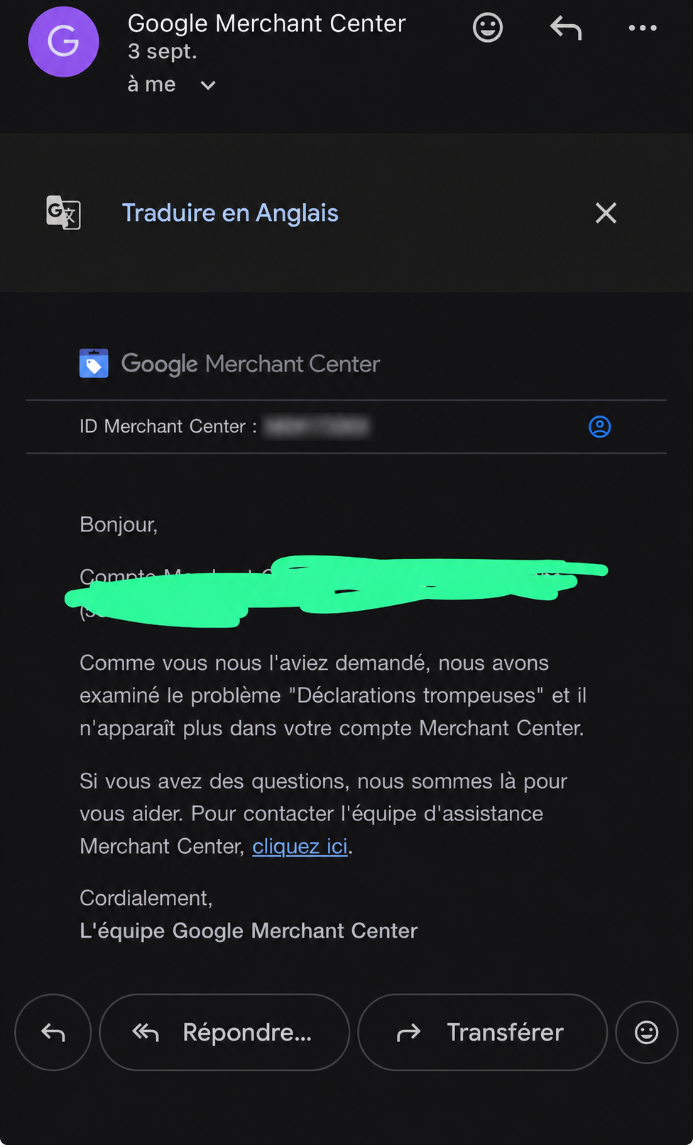 Mobiele e-mail van Google Merchant Center die de oplossing van het misleidingsprobleem bevestigt, Merchant-ID afgeschermd