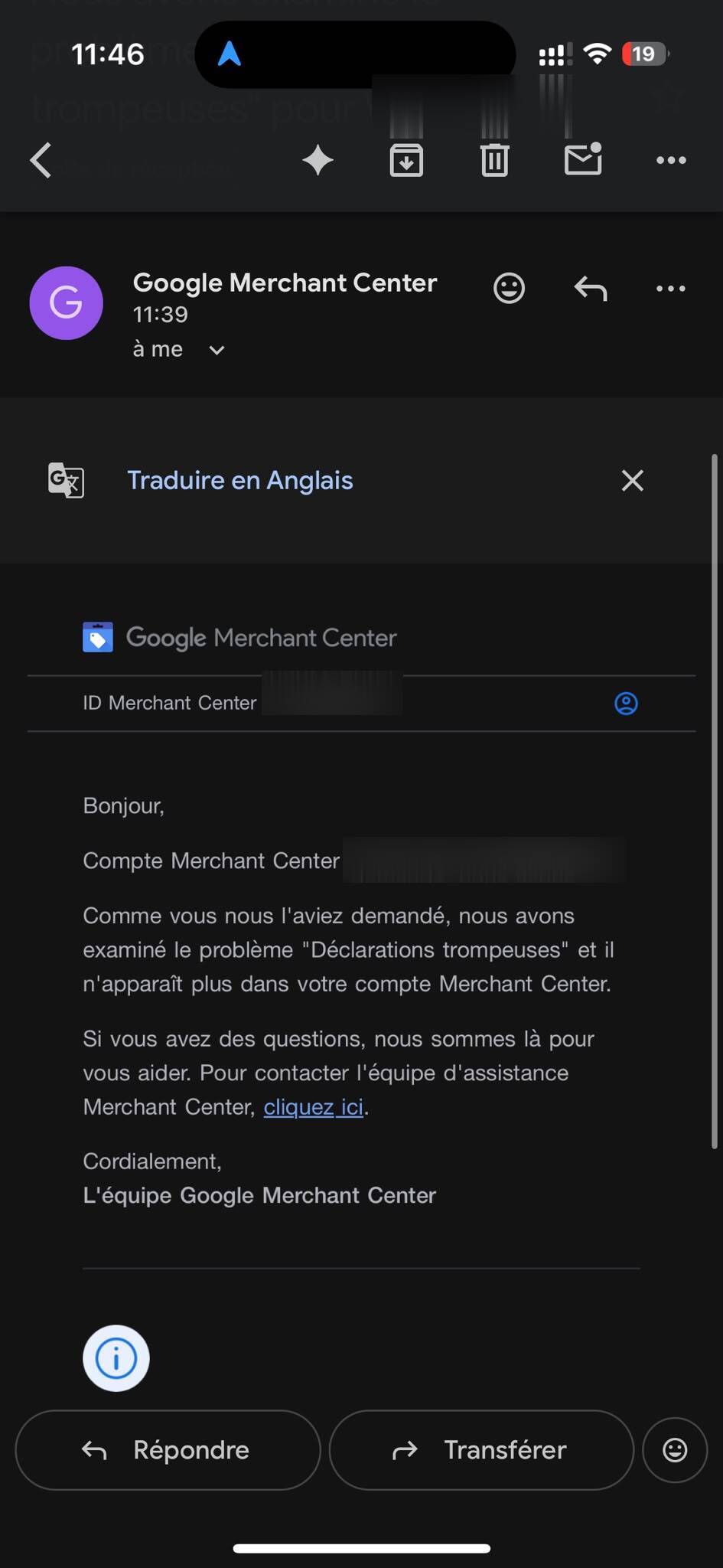 E-mail van Google Merchant Center die de deblokkering van een eigen webshop bevestigt, winkelnaam afgeschermd